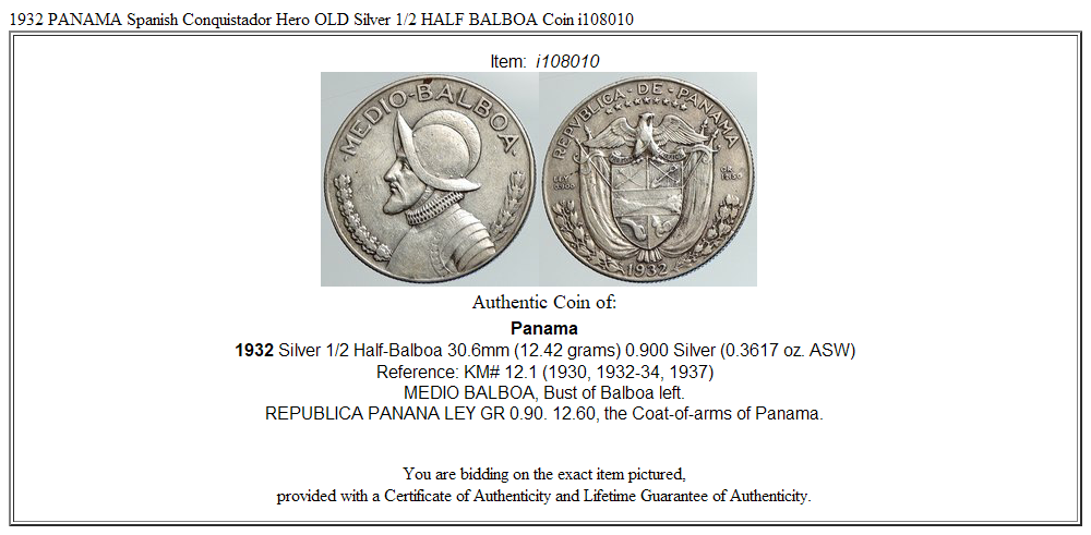 1932 PANAMA Spanish Conquistador Hero OLD Silver 1/2 HALF BALBOA Coin i108010