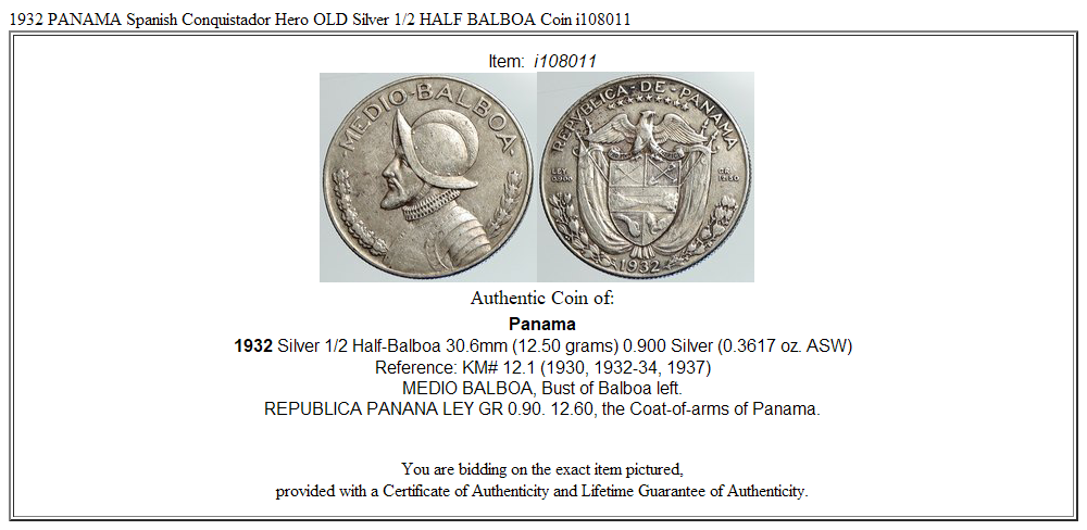 1932 PANAMA Spanish Conquistador Hero OLD Silver 1/2 HALF BALBOA Coin i108011