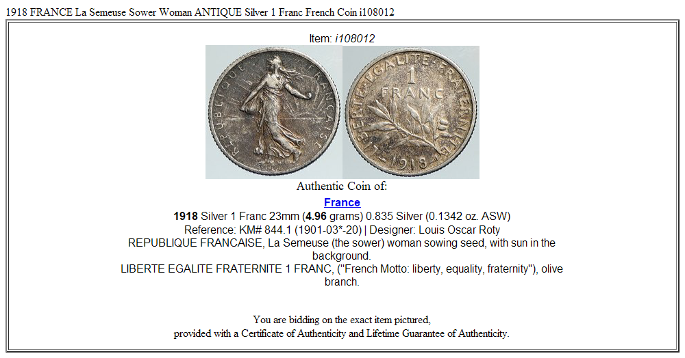 1918 FRANCE La Semeuse Sower Woman ANTIQUE Silver 1 Franc French Coin i108012