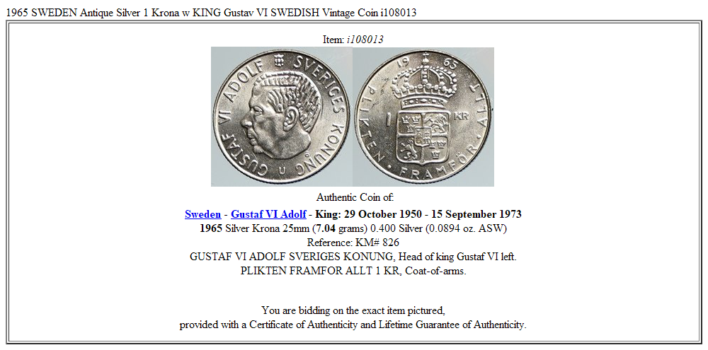 1965 SWEDEN Antique Silver 1 Krona w KING Gustav VI SWEDISH Vintage Coin i108013