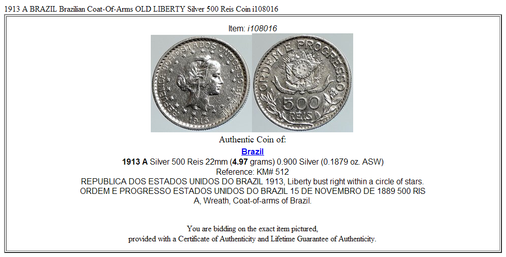 1913 A BRAZIL Brazilian Coat-Of-Arms OLD LIBERTY Silver 500 Reis Coin i108016