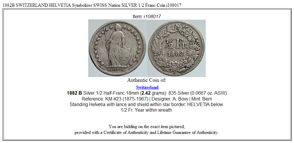 1882B SWITZERLAND HELVETIA Symbolizes SWISS Nation SILVER 1/2 Franc Coin i108017