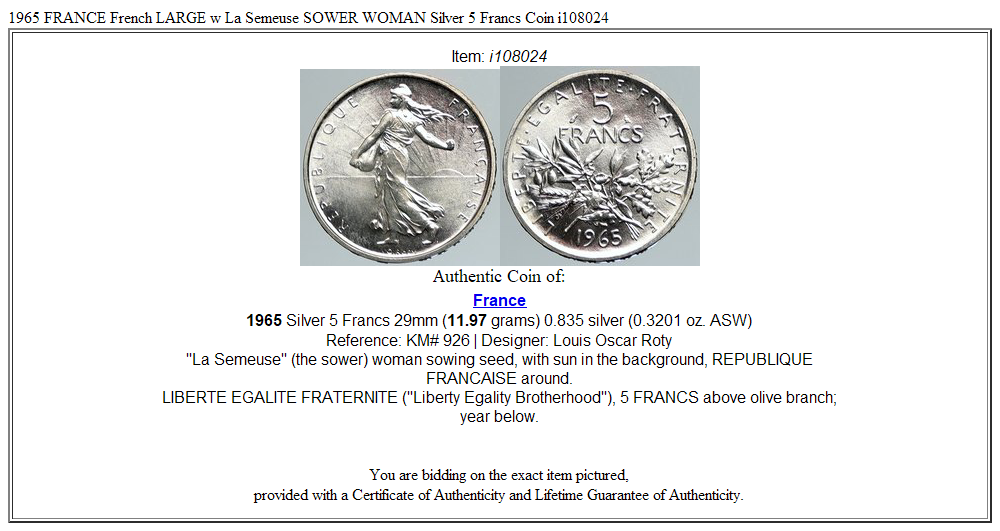 1965 FRANCE French LARGE w La Semeuse SOWER WOMAN Silver 5 Francs Coin i108024