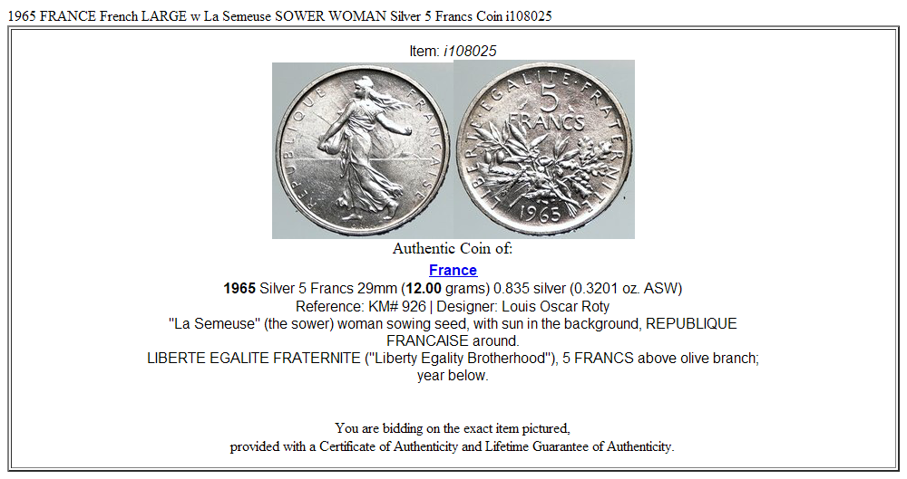 1965 FRANCE French LARGE w La Semeuse SOWER WOMAN Silver 5 Francs Coin i108025