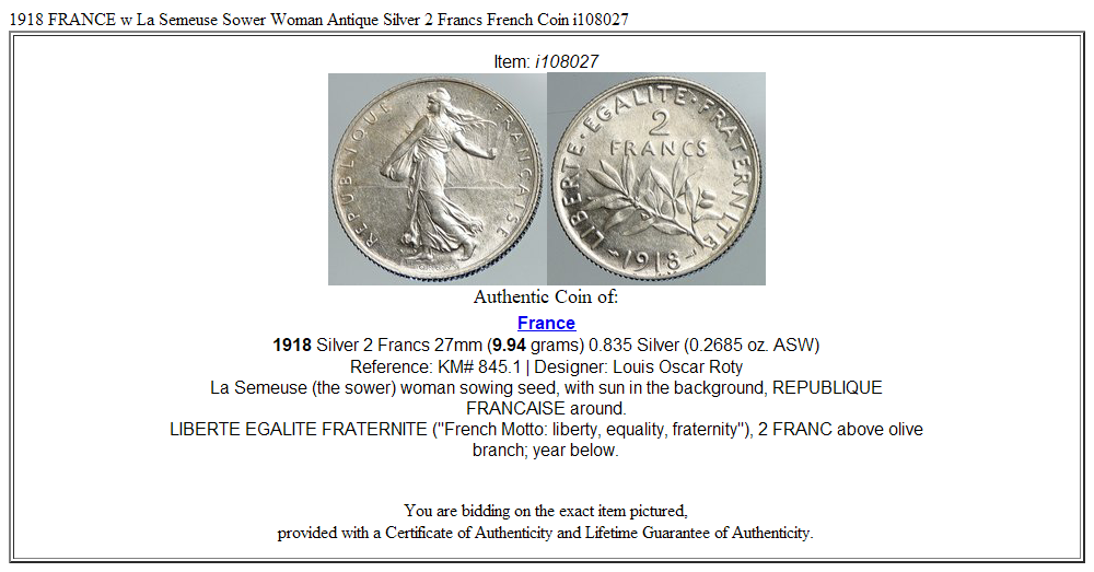 1918 FRANCE w La Semeuse Sower Woman Antique Silver 2 Francs French Coin i108027