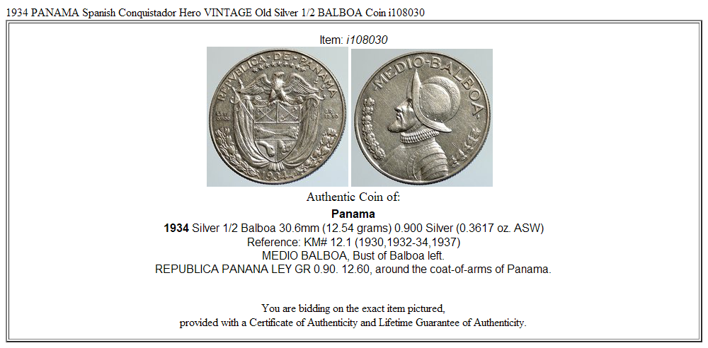 1934 PANAMA Spanish Conquistador Hero VINTAGE Old Silver 1/2 BALBOA Coin i108030