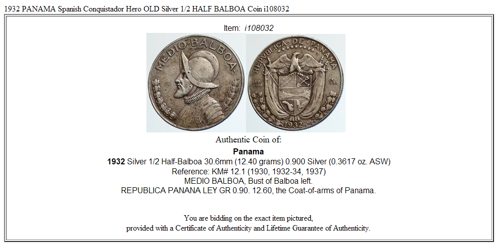 1932 PANAMA Spanish Conquistador Hero OLD Silver 1/2 HALF BALBOA Coin i108032