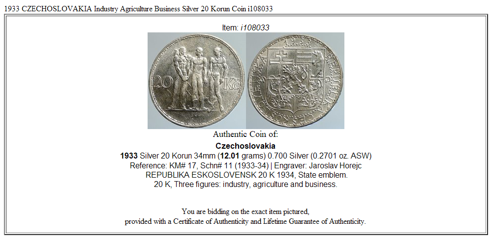 1933 CZECHOSLOVAKIA Industry Agriculture Business Silver 20 Korun Coin i108033