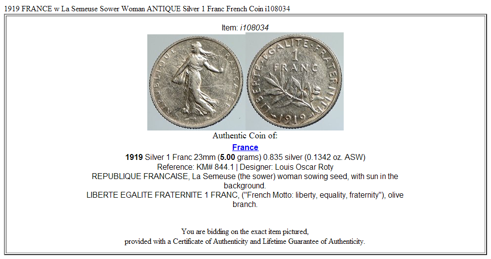 1919 FRANCE w La Semeuse Sower Woman ANTIQUE Silver 1 Franc French Coin i108034