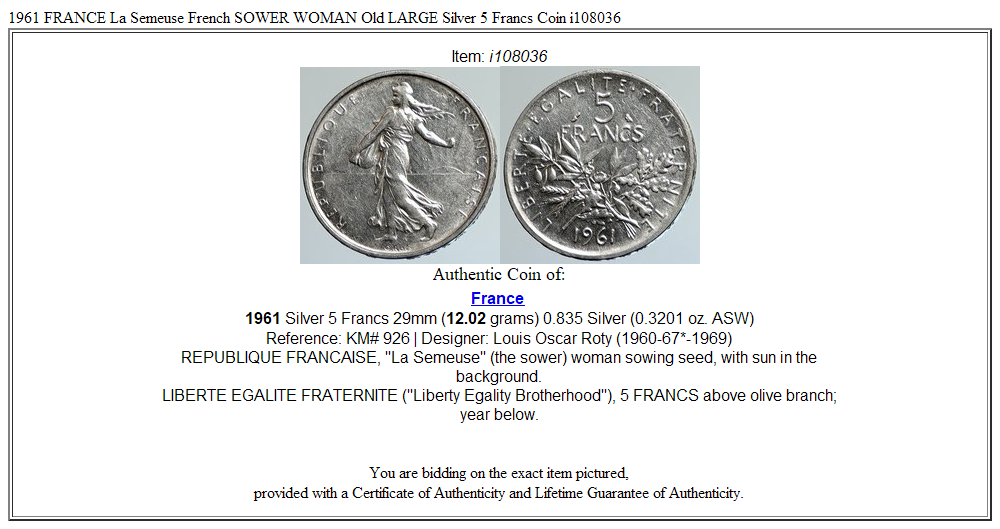 1961 FRANCE La Semeuse French SOWER WOMAN Old LARGE Silver 5 Francs Coin i108036