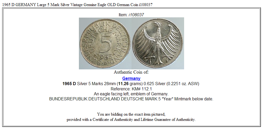 1965 D GERMANY Large 5 Mark Silver Vintage Genuine Eagle OLD German Coin i108037