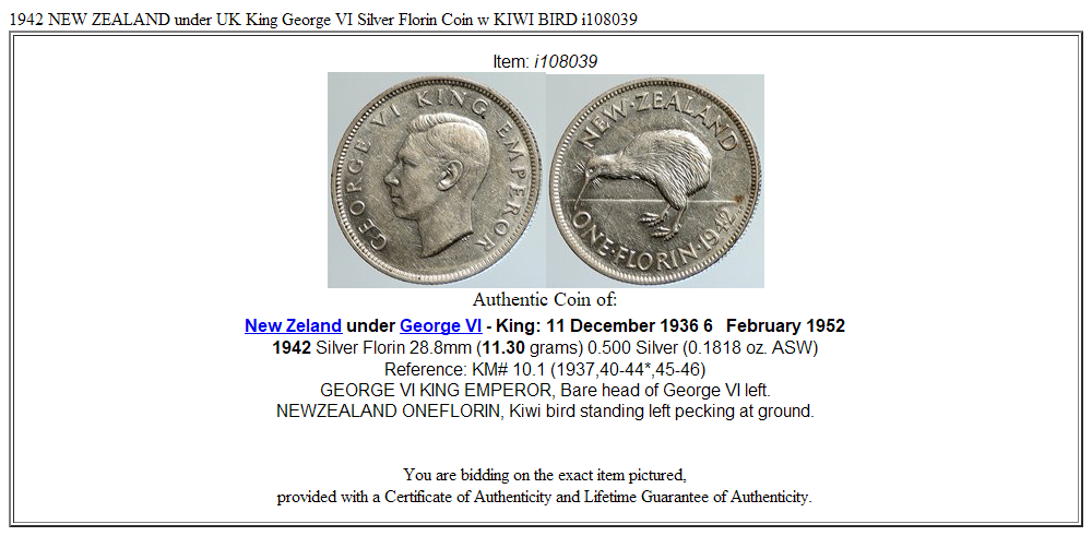 1942 NEW ZEALAND under UK King George VI Silver Florin Coin w KIWI BIRD i108039