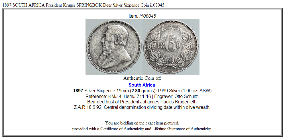 1897 SOUTH AFRICA President Kruger SPRINGBOK Deer Silver Sixpence Coin i108045