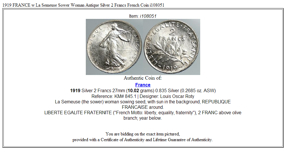 1919 FRANCE w La Semeuse Sower Woman Antique Silver 2 Francs French Coin i108051