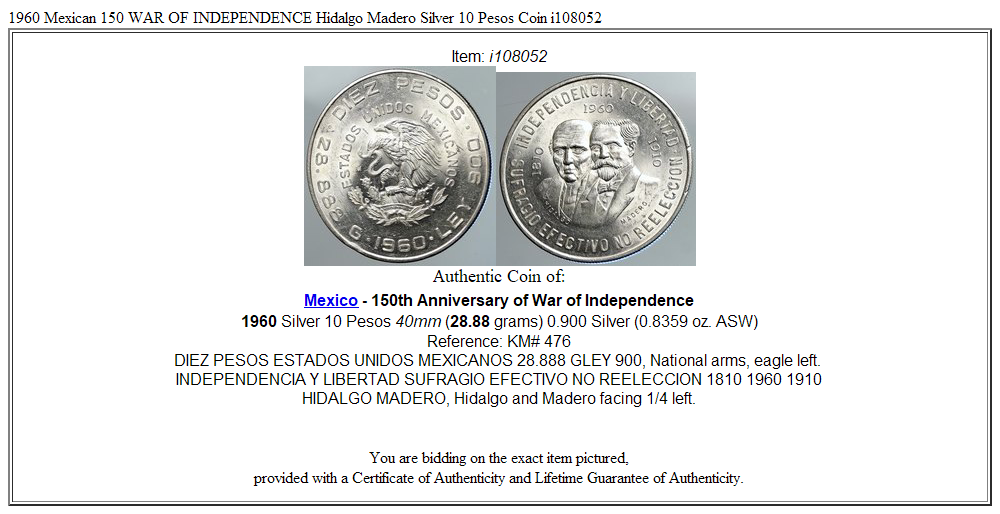 1960 Mexican 150 WAR OF INDEPENDENCE Hidalgo Madero Silver 10 Pesos Coin i108052