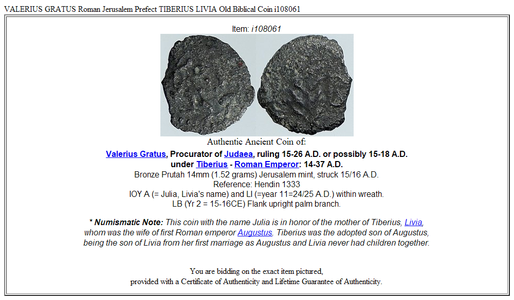 VALERIUS GRATUS Roman Jerusalem Prefect TIBERIUS LIVIA Old Biblical Coin i108061