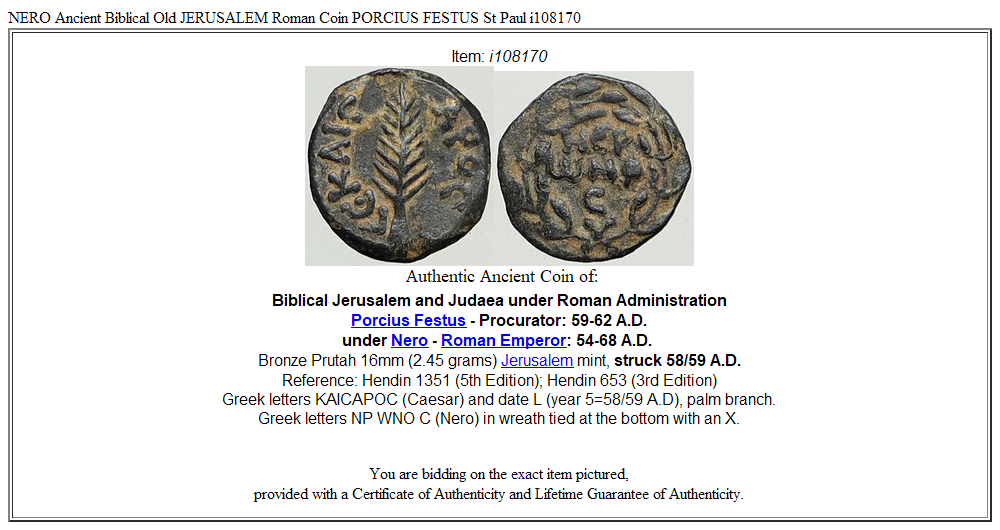 NERO Ancient Biblical Old JERUSALEM Roman Coin PORCIUS FESTUS St Paul i108170