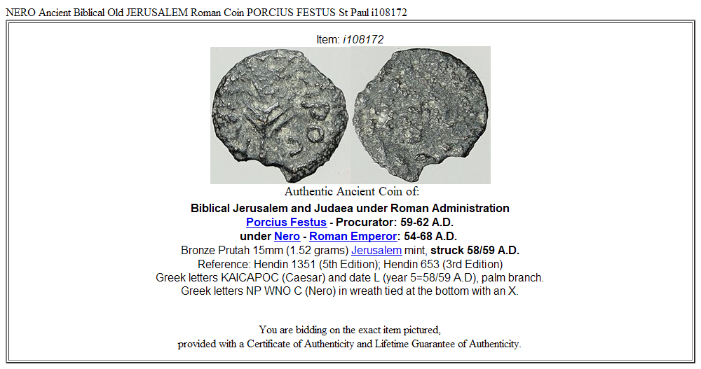 NERO Ancient Biblical Old JERUSALEM Roman Coin PORCIUS FESTUS St Paul i108172