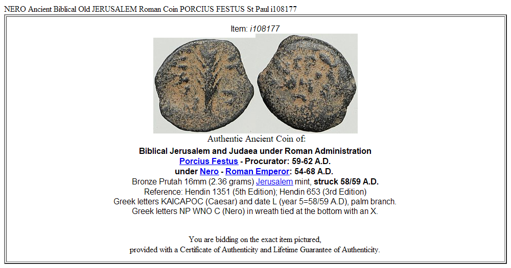 NERO Ancient Biblical Old JERUSALEM Roman Coin PORCIUS FESTUS St Paul i108177