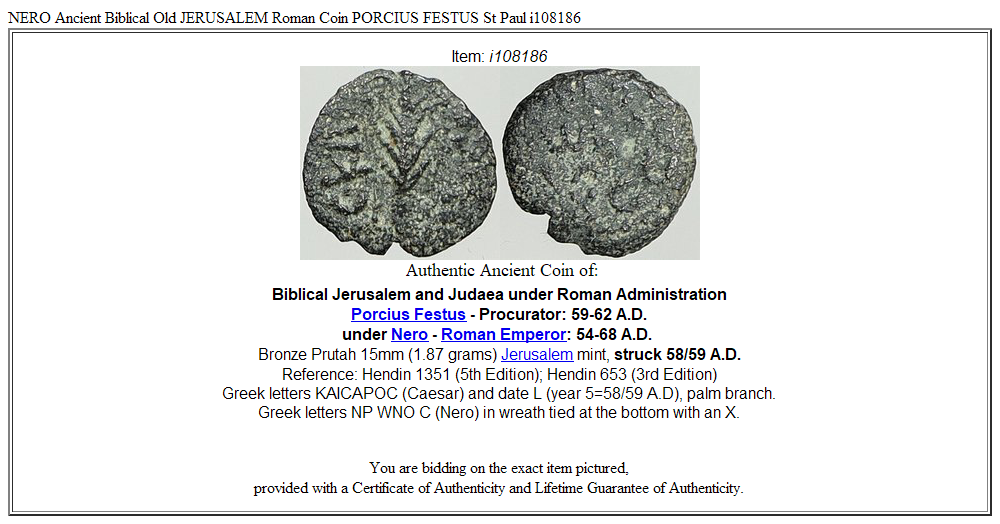 NERO Ancient Biblical Old JERUSALEM Roman Coin PORCIUS FESTUS St Paul i108186