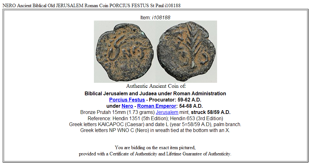 NERO Ancient Biblical Old JERUSALEM Roman Coin PORCIUS FESTUS St Paul i108188