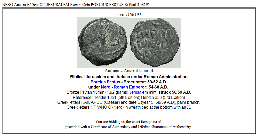 NERO Ancient Biblical Old JERUSALEM Roman Coin PORCIUS FESTUS St Paul i108191