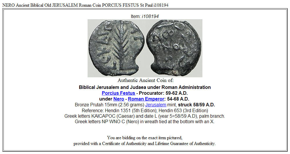 NERO Ancient Biblical Old JERUSALEM Roman Coin PORCIUS FESTUS St Paul i108194