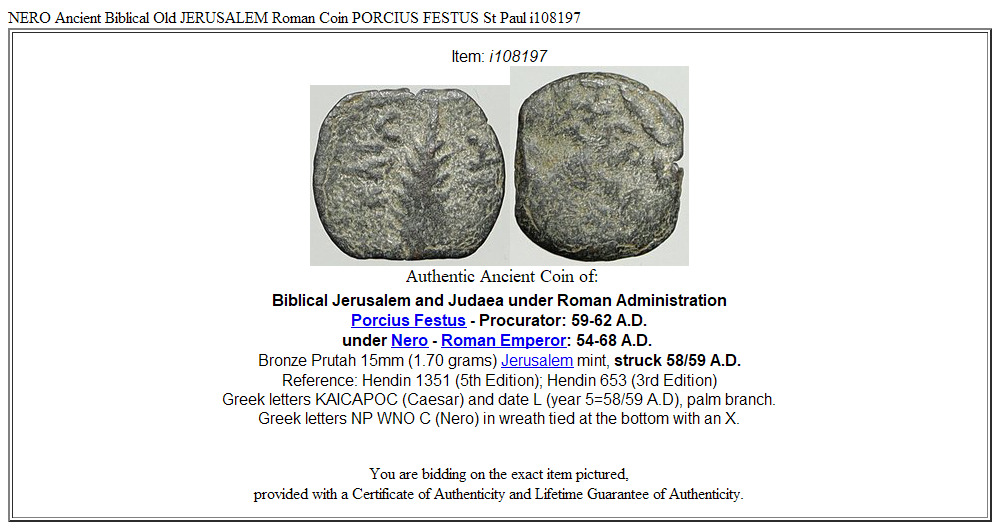 NERO Ancient Biblical Old JERUSALEM Roman Coin PORCIUS FESTUS St Paul i108197