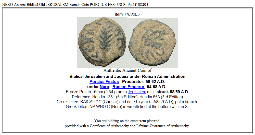 NERO Ancient Biblical Old JERUSALEM Roman Coin PORCIUS FESTUS St Paul i108205