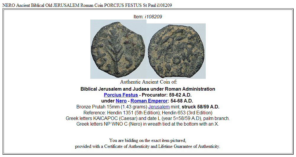 NERO Ancient Biblical Old JERUSALEM Roman Coin PORCIUS FESTUS St Paul i108209