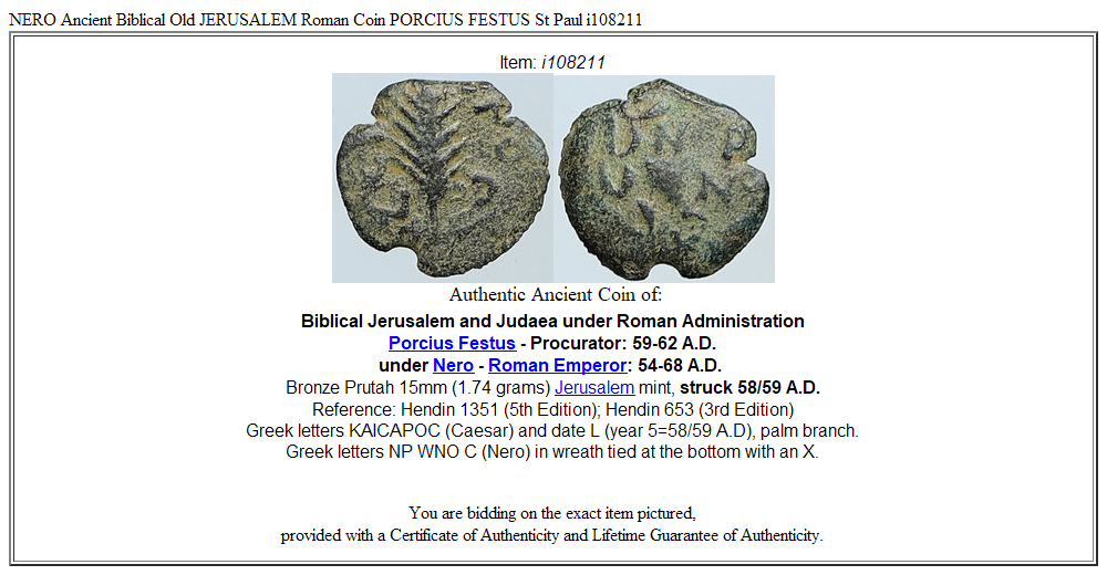 NERO Ancient Biblical Old JERUSALEM Roman Coin PORCIUS FESTUS St Paul i108211