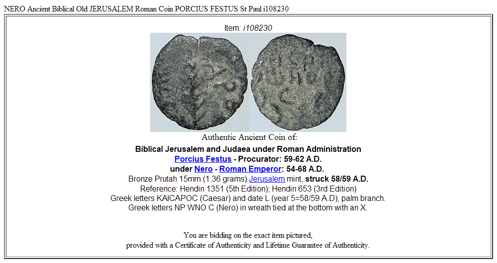 NERO Ancient Biblical Old JERUSALEM Roman Coin PORCIUS FESTUS St Paul i108230