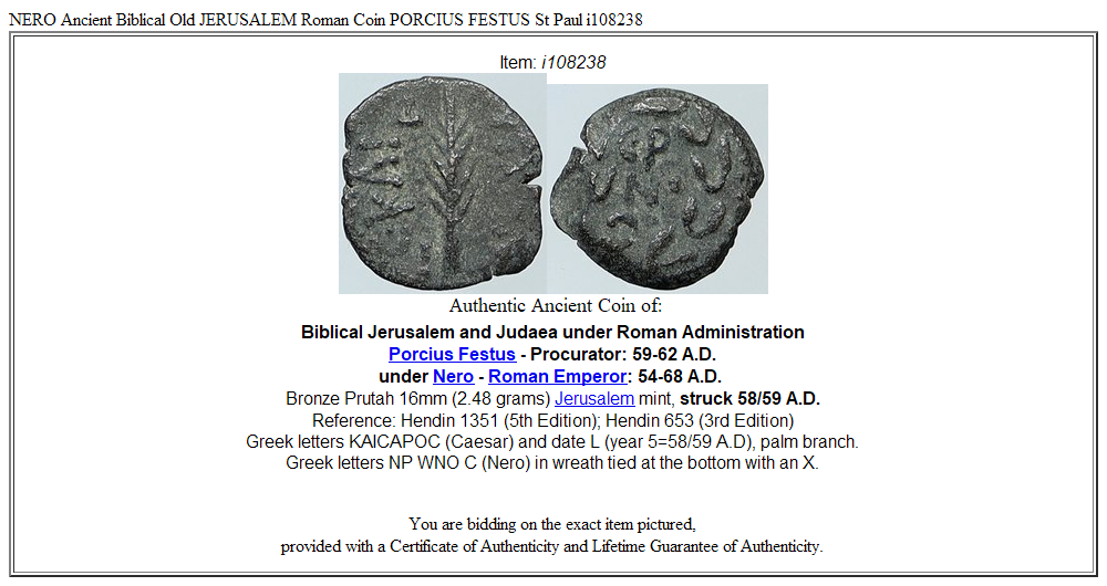 NERO Ancient Biblical Old JERUSALEM Roman Coin PORCIUS FESTUS St Paul i108238