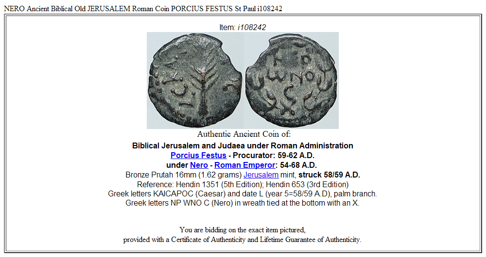 NERO Ancient Biblical Old JERUSALEM Roman Coin PORCIUS FESTUS St Paul i108242