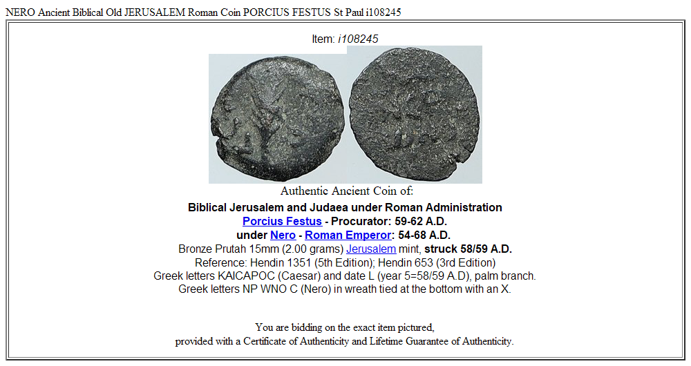 NERO Ancient Biblical Old JERUSALEM Roman Coin PORCIUS FESTUS St Paul i108245