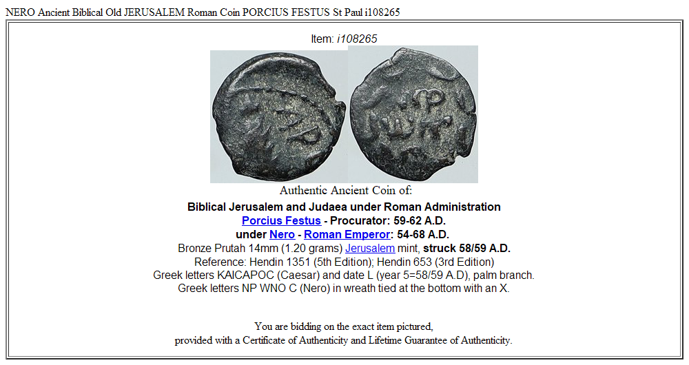 NERO Ancient Biblical Old JERUSALEM Roman Coin PORCIUS FESTUS St Paul i108265