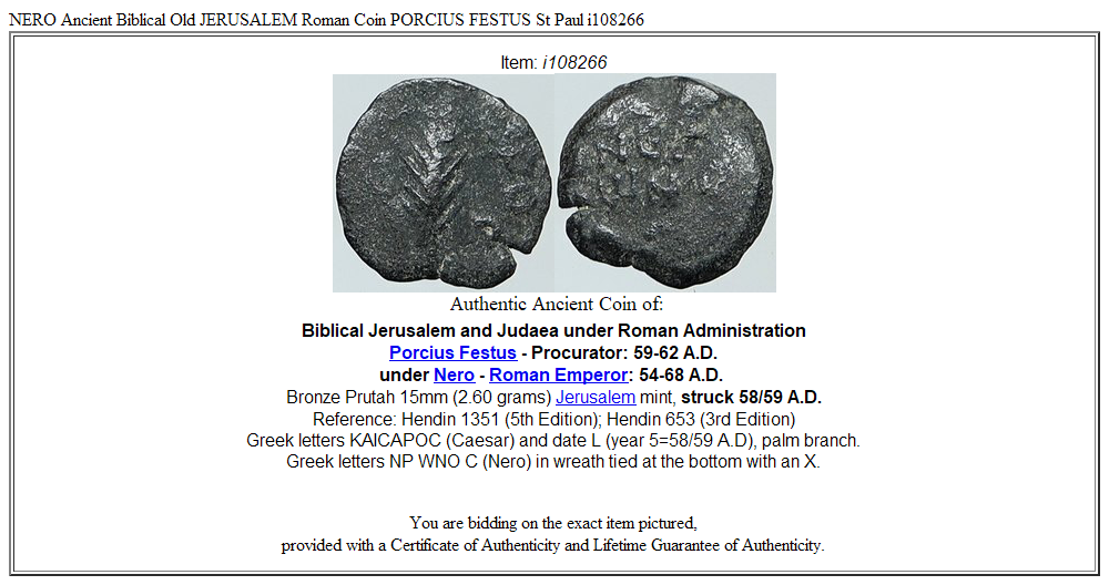 NERO Ancient Biblical Old JERUSALEM Roman Coin PORCIUS FESTUS St Paul i108266