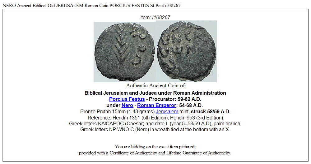 NERO Ancient Biblical Old JERUSALEM Roman Coin PORCIUS FESTUS St Paul i108267