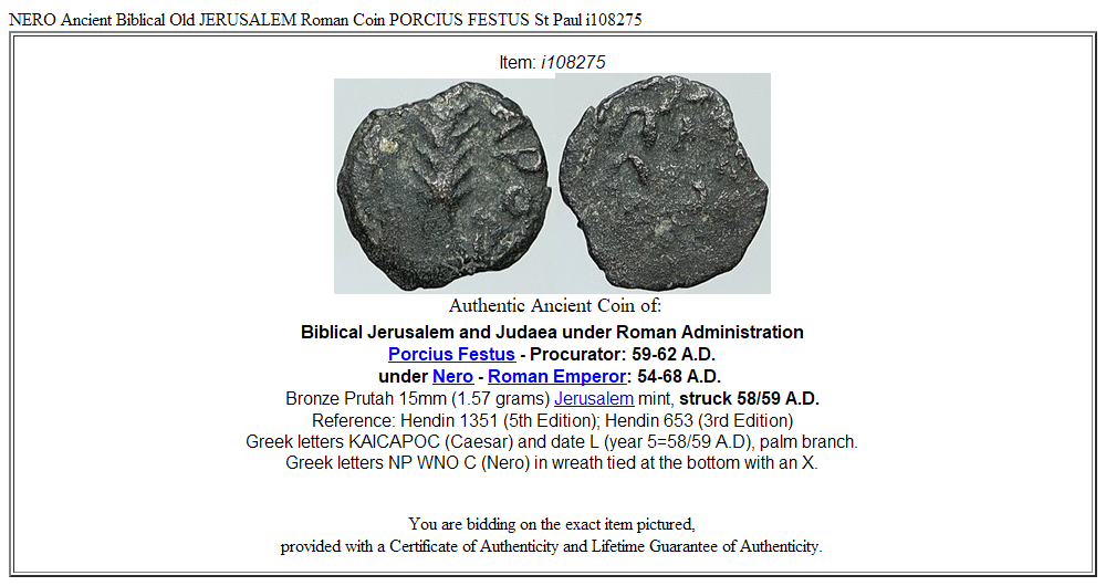 NERO Ancient Biblical Old JERUSALEM Roman Coin PORCIUS FESTUS St Paul i108275