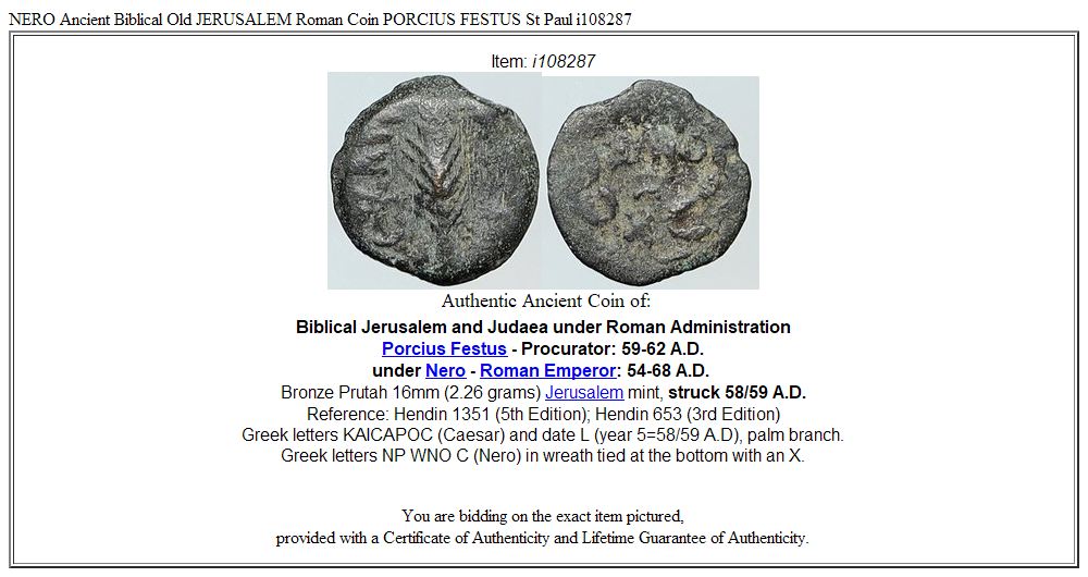 NERO Ancient Biblical Old JERUSALEM Roman Coin PORCIUS FESTUS St Paul i108287