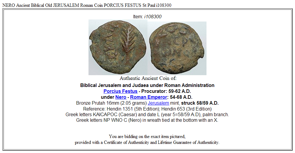 NERO Ancient Biblical Old JERUSALEM Roman Coin PORCIUS FESTUS St Paul i108300