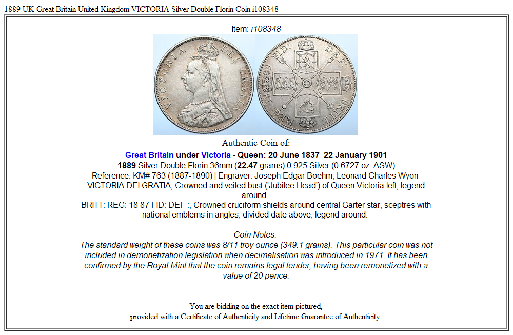 1889 UK Great Britain United Kingdom VICTORIA Silver Double Florin Coin i108348