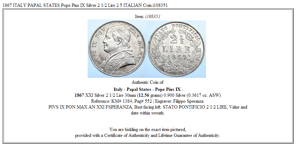 1867 ITALY PAPAL STATES Pope Pius IX Silver 2 1/2 Lire 2.5 ITALIAN Coin i108351