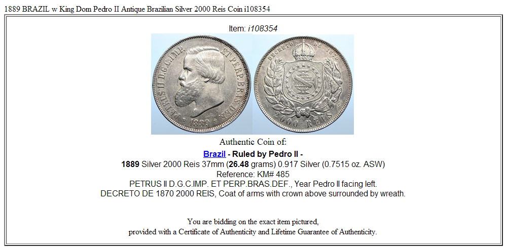 1889 BRAZIL w King Dom Pedro II Antique Brazilian Silver 2000 Reis Coin i108354