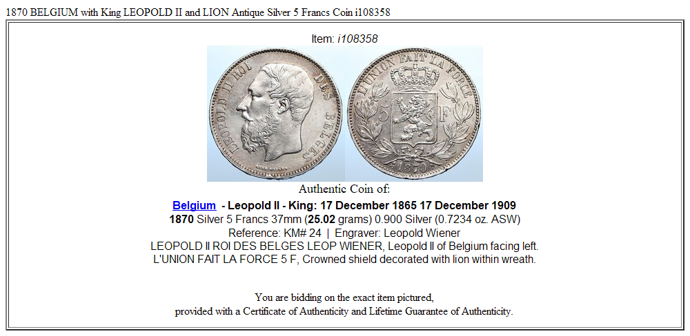 1870 BELGIUM with King LEOPOLD II and LION Antique Silver 5 Francs Coin i108358