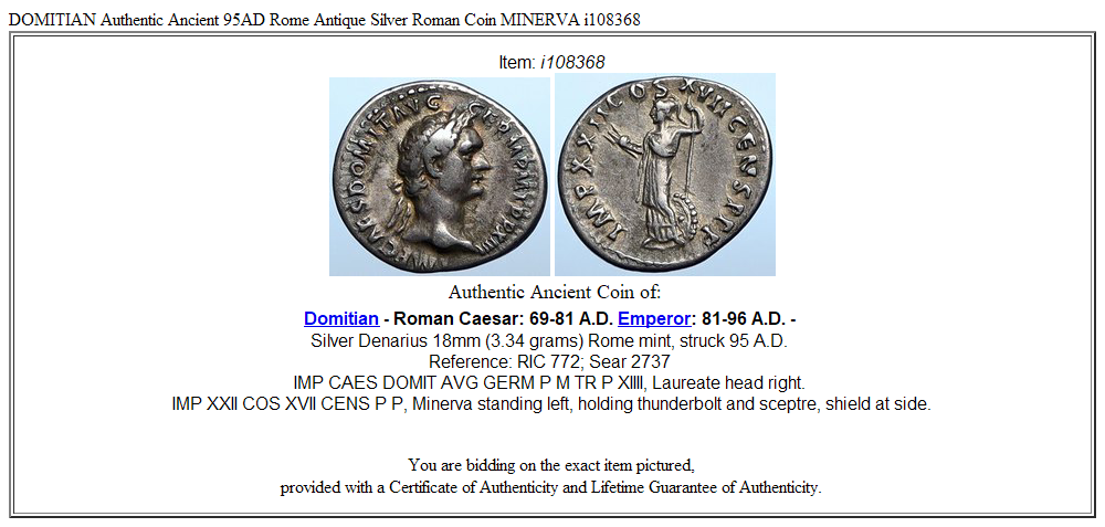 DOMITIAN Authentic Ancient 95AD Rome Antique Silver Roman Coin MINERVA i108368