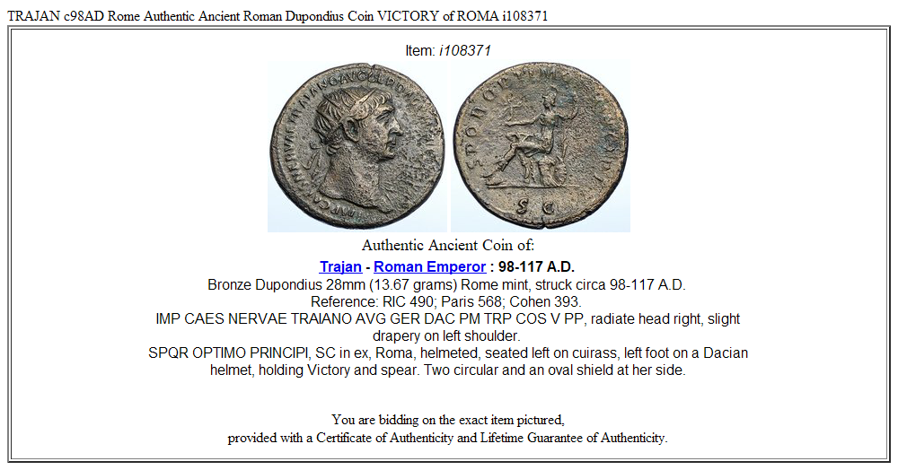 TRAJAN c98AD Rome Authentic Ancient Roman Dupondius Coin VICTORY of ROMA i108371