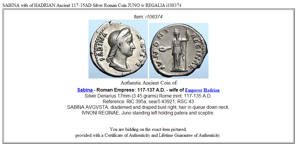 SABINA wife of HADRIAN Ancient 117-35AD Silver Roman Coin JUNO w REGALIA i108374