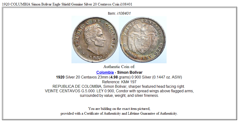 1920 COLUMBIA Simon Bolivar Eagle Shield Genuine Silver 20 Centavos Coin i108401