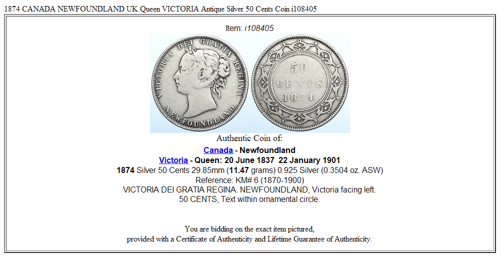 1874 CANADA NEWFOUNDLAND UK Queen VICTORIA Antique Silver 50 Cents Coin i108405